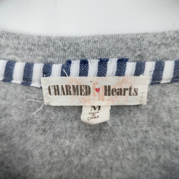 Mixed Media Bell Sleeve Sweatshirt Gray Blue Stripe Gray Sweater Medium - Picture 8 of 12